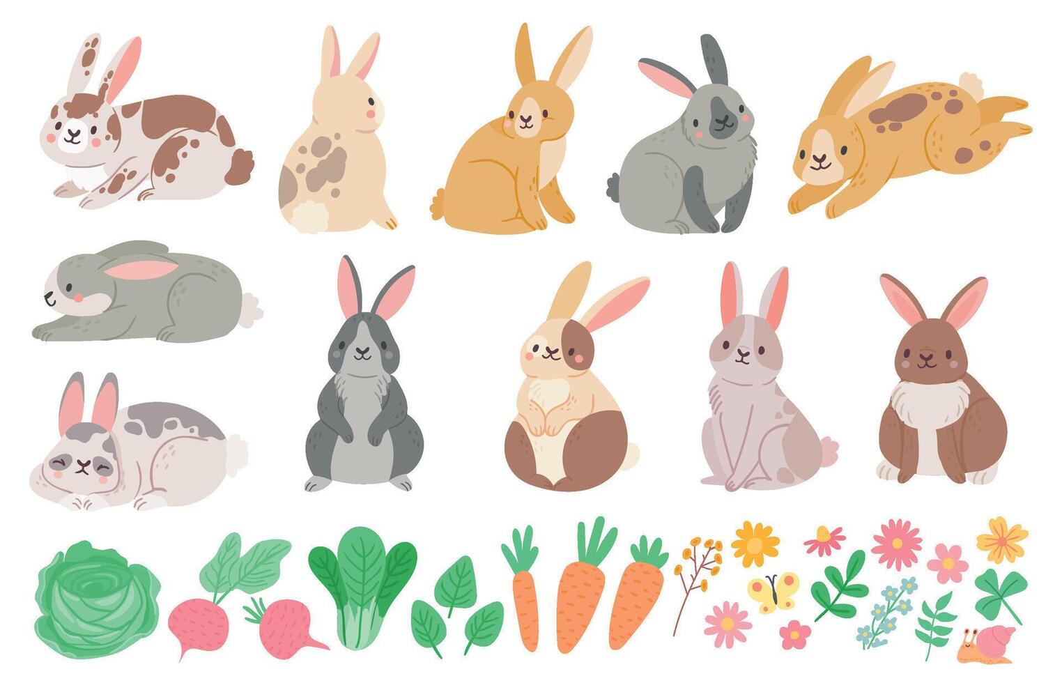 Cartoon cute spring rabbits, hares, flowers and vegetables. Bunny character jumping, sitting and sleeping. Brown and white rabbit vector set