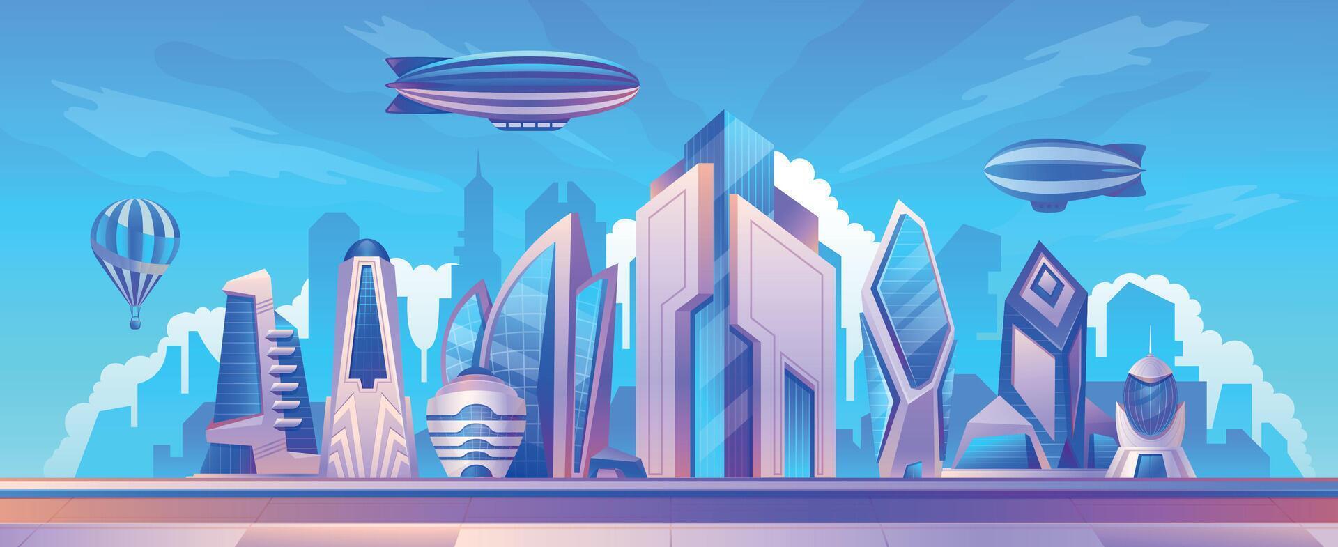 Airship landscape. Futuristic city scene with dirigibles above skyscraper buildings, aerostat in sky horizon, megapolis panorama. Vector illustration