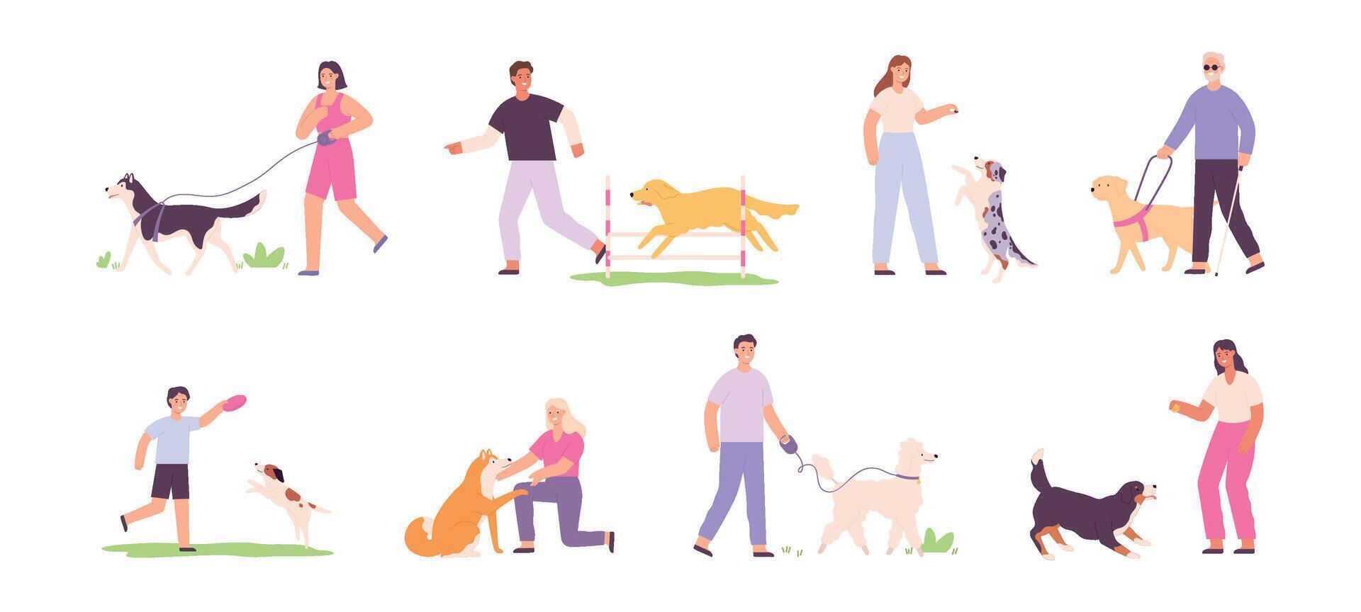 plano contento personas caminando, formación y jugando con perros. ciego persona con guía perro. hombres y mujer y Doméstico perros actividad vector conjunto