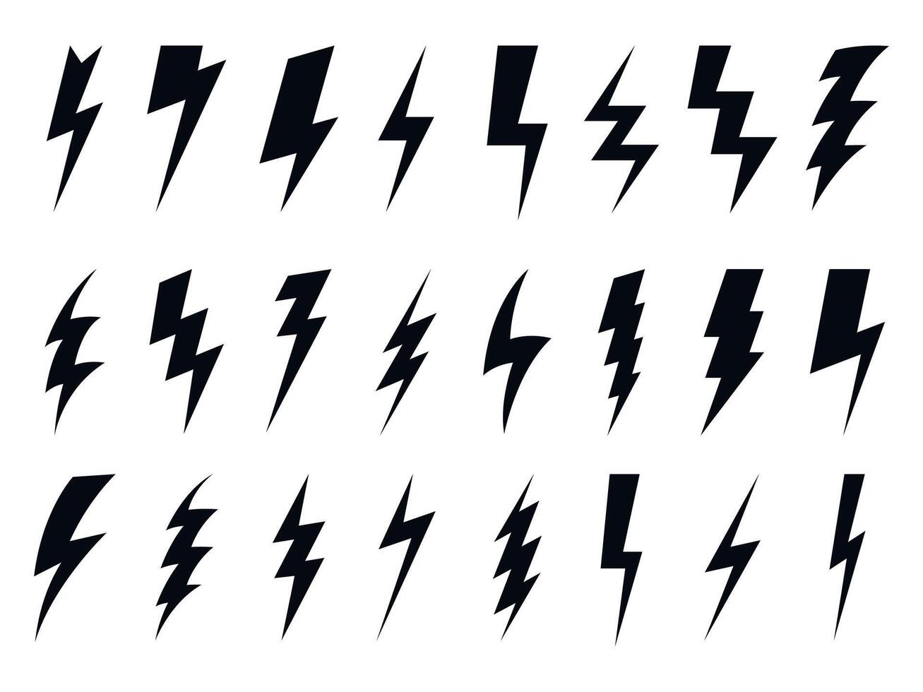 Black lightning bolt. Abstract electrical energy lightning strike symbol, power thunderstorm arrow in flat style, lightning silhouette emblem. Vector isolated set