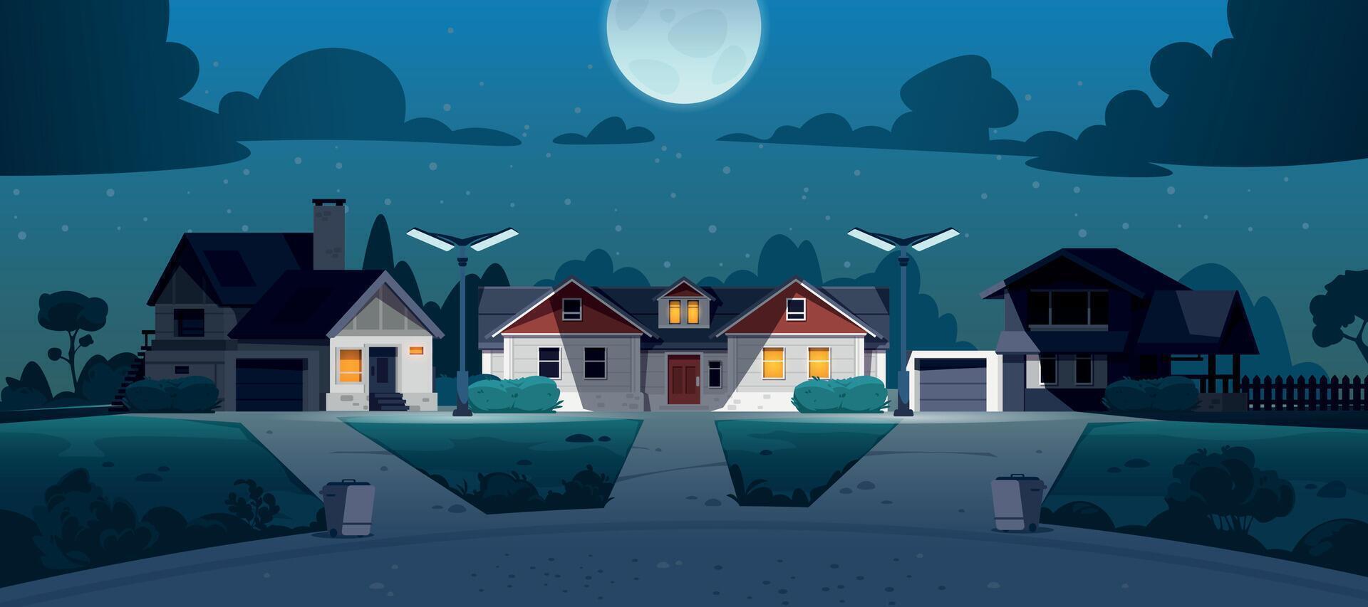 Suburban night street. Cartoon neighborhood country houses with lawn bushes and trees at night. Vector late evening town landscape