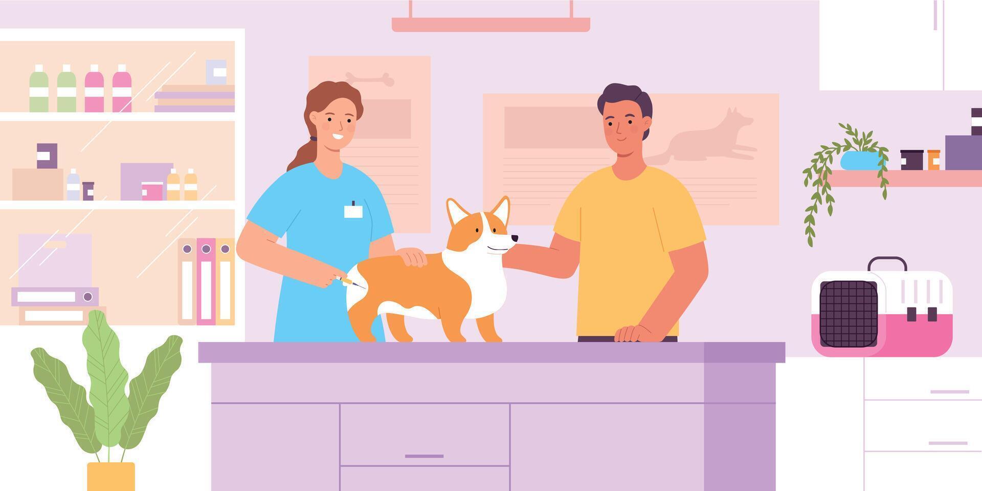 Flat vet clinic interior with veterinarian doctor, dog and owner. Veterinary healthcare center for pets. Animals vaccination vector concept