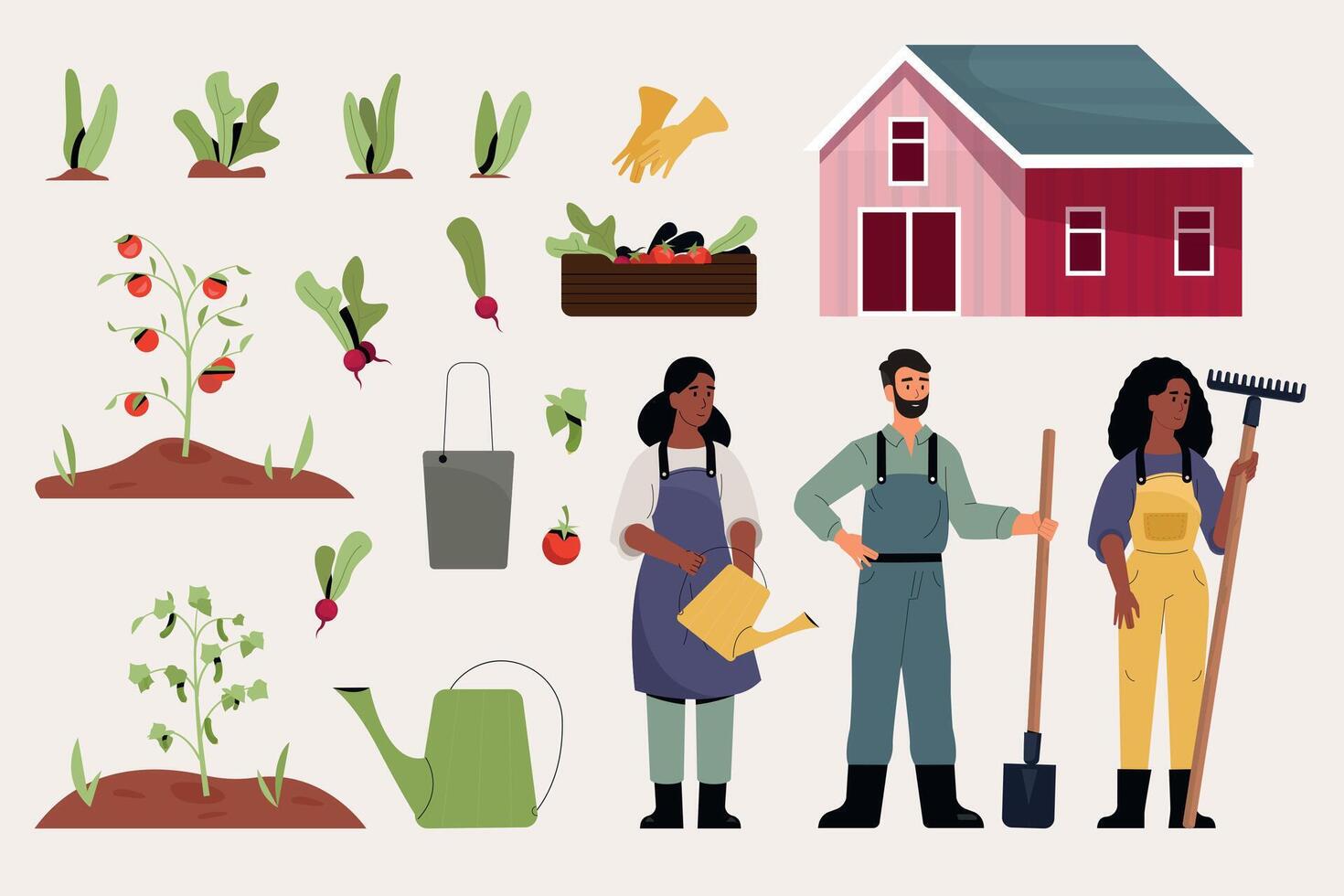 Farmers and crops. Cartoon characters working in farm with organic plants and tools, gardening and agriculture soil work concept, farm workers at work. Vector flat set