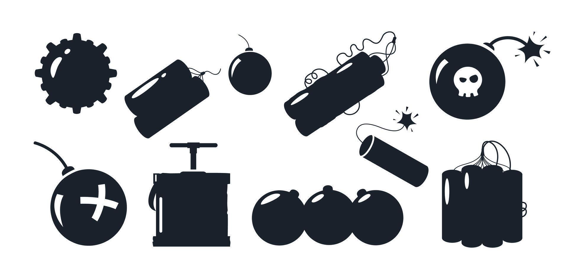 bomba silueta. negro explosivo dinamitar y granada iconos, militar y civil peligro simbolos vector aislado colección