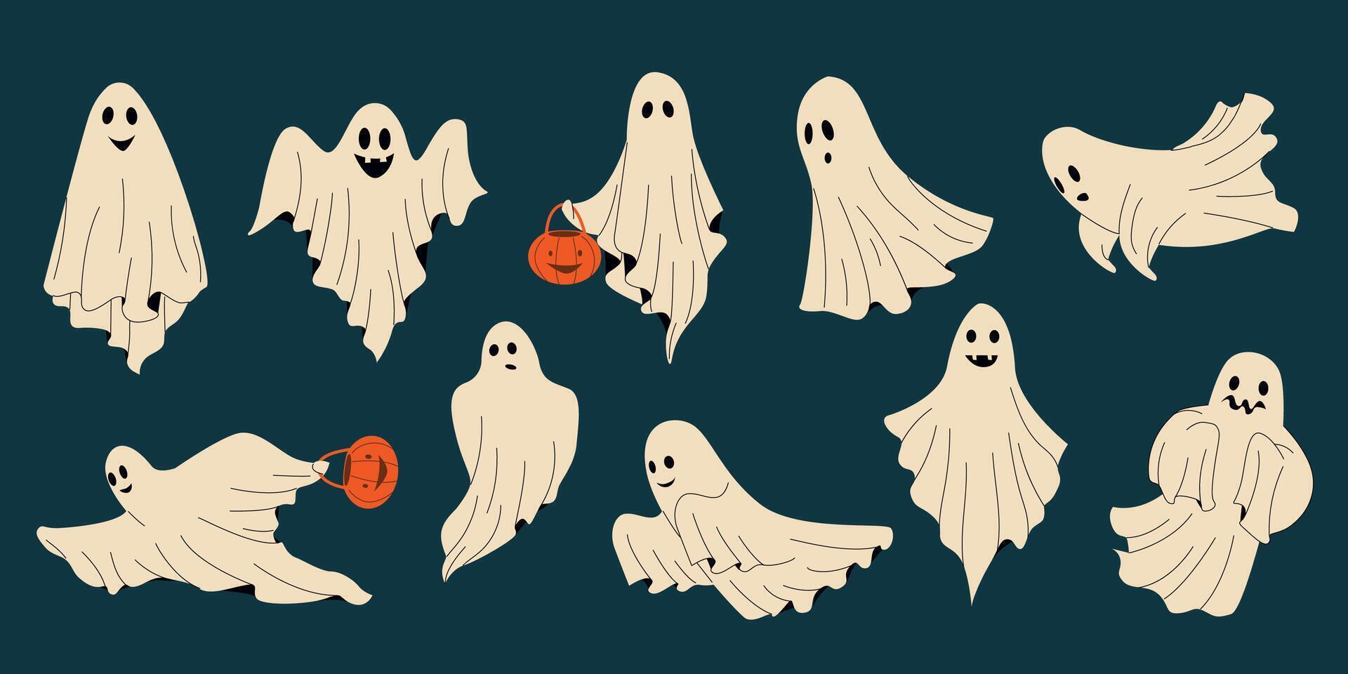 Cute ghost. Cartoon scary fantasy characters with spooky expressions, funny scary monster trick or treat elements. Vector Halloween set