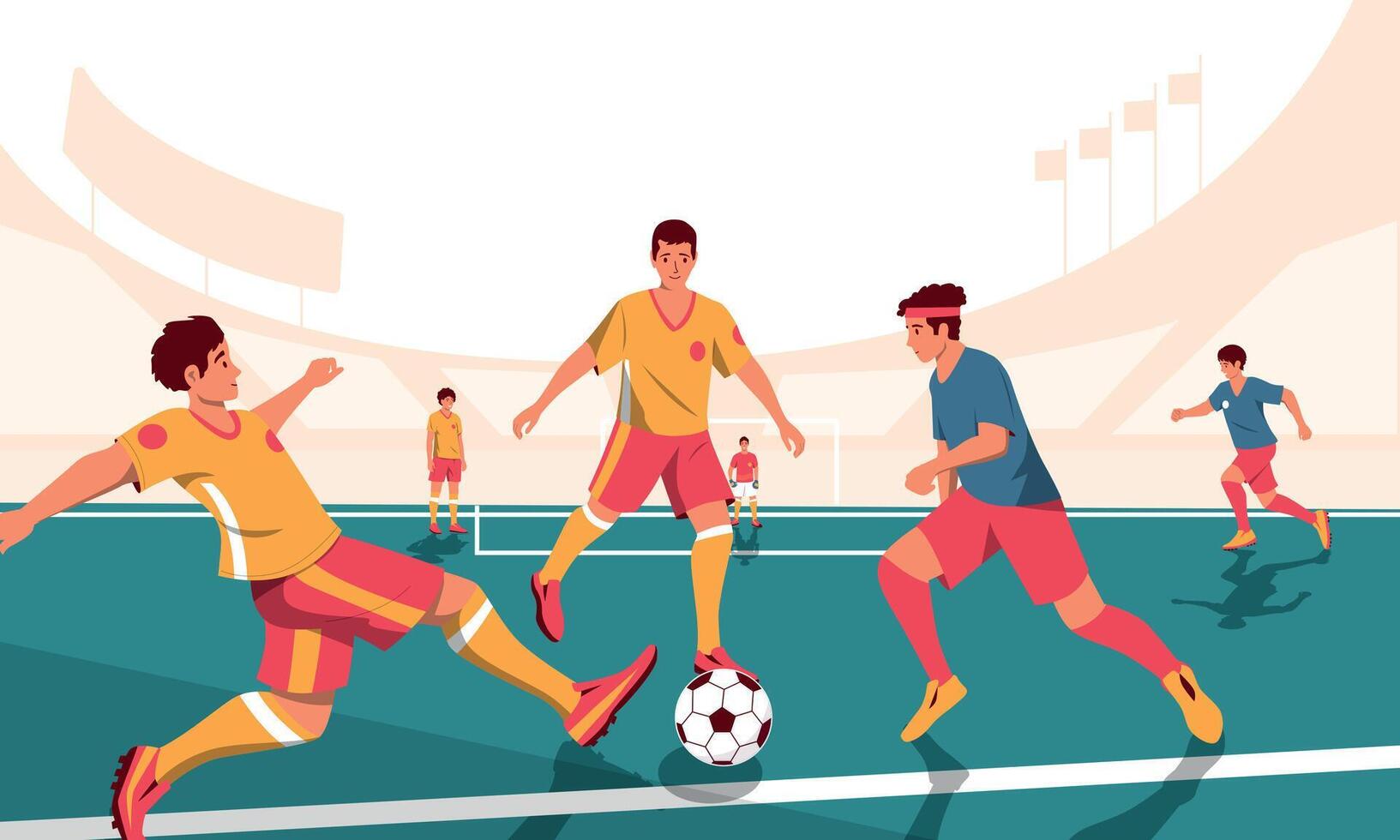 fútbol americano partido escena. dibujos animados jugadores en competencia, tiempo grupo lucha dinámica panorámico ver de jugadores en juego. vector panorámico ilustración