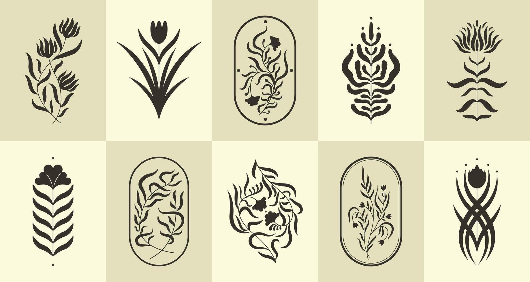 Modern abstract floral elements. Flower doodle botanies silhouettes, nature floral elements minimalistic floristic icons. Vector isolated collection