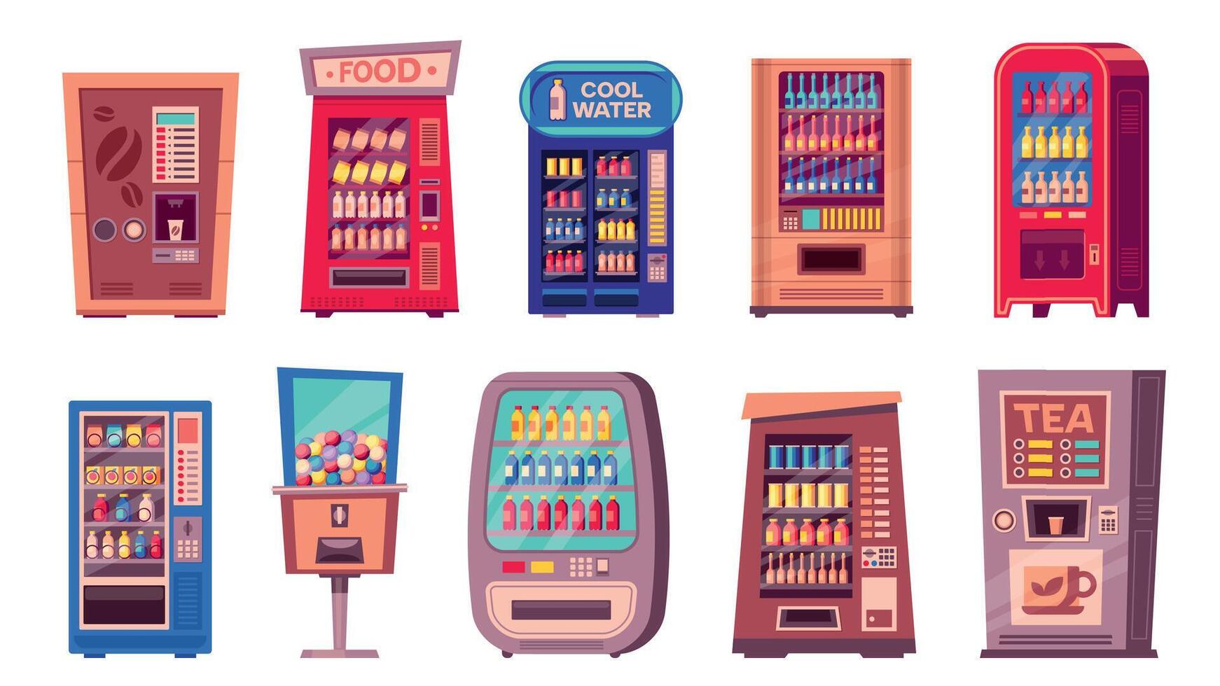 Snack machine. Cartoon vending machine with sweets, soda and coffee, cartoon vending machine with snacks for sale. Vector vending machine set