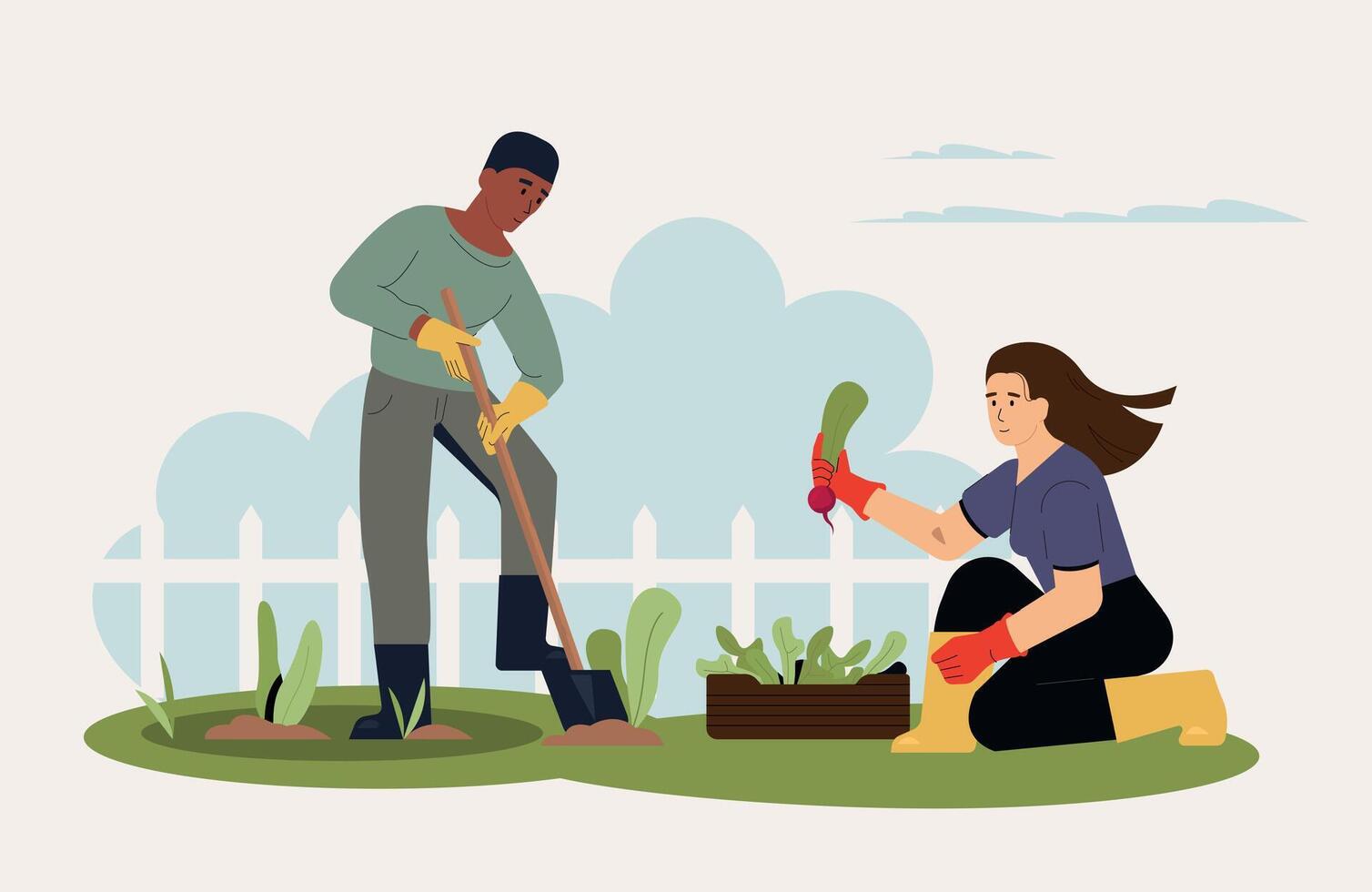 Agricultural employees working in garden with tools vector