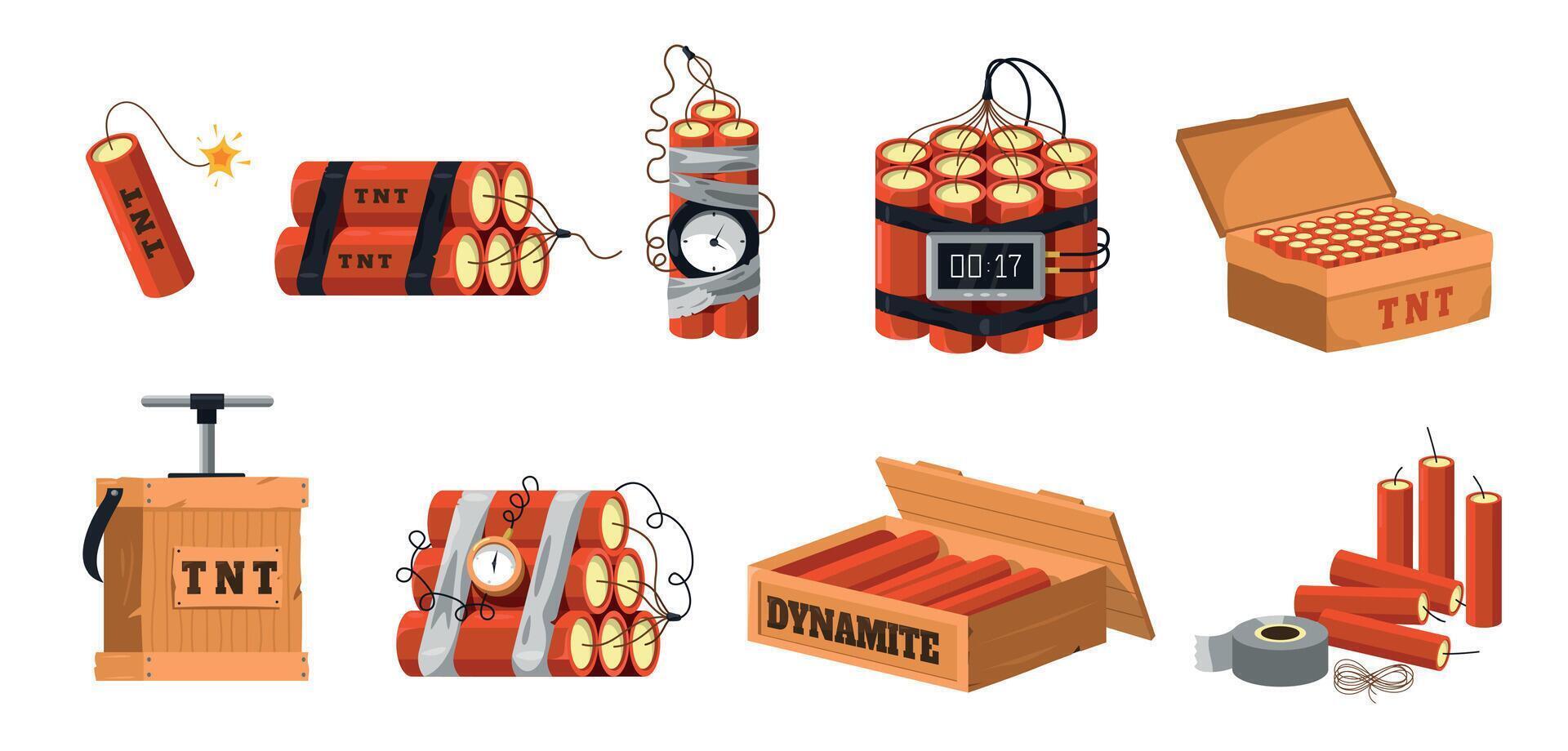 Cartoon dynamite. Military explosive with timer, detonator and fuse, dangerous blasting tool for mining and construction. Vector isolated set