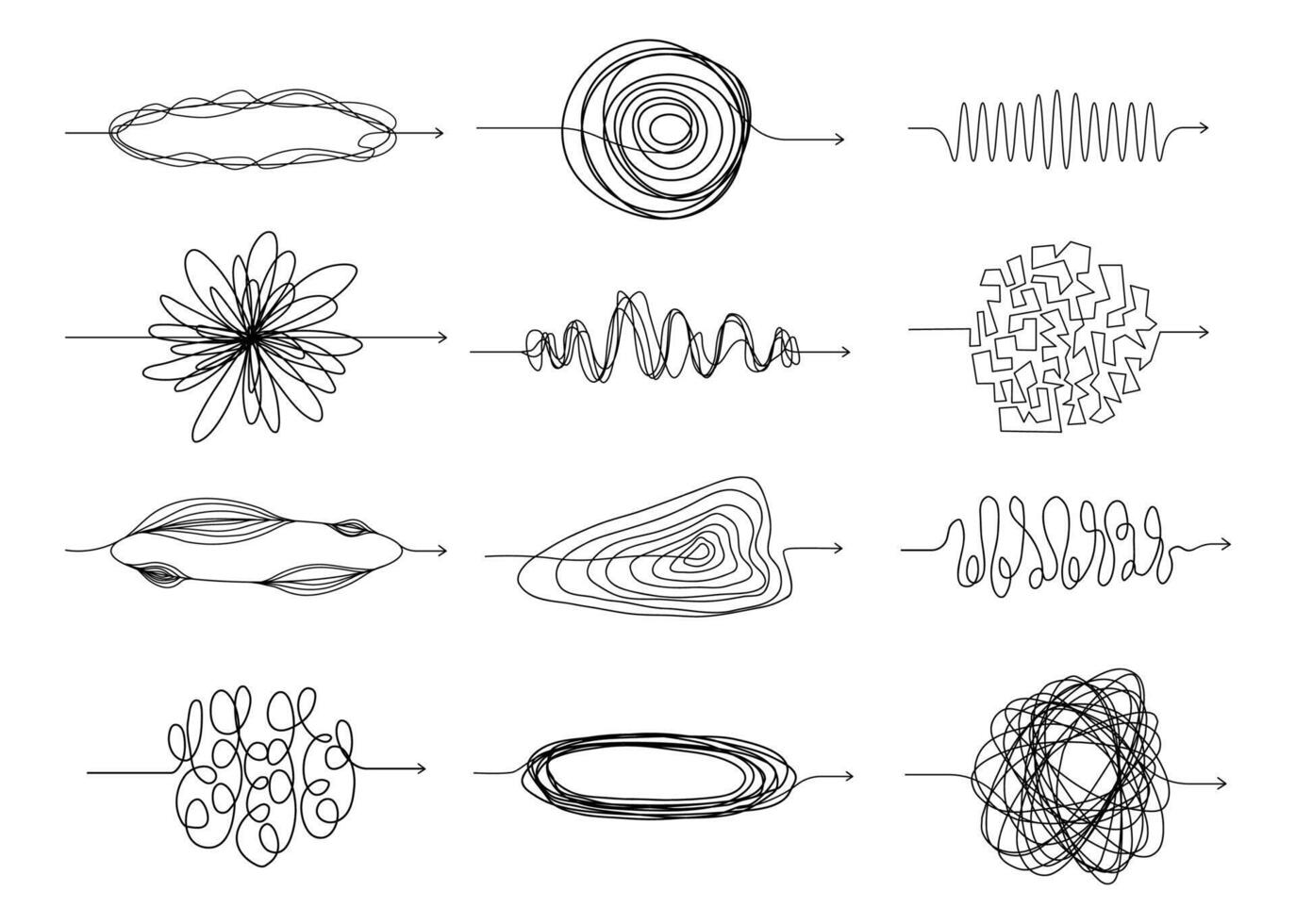 Messy line arrows. Doodle spiral path with different forms of writing, chaotic knot and squiggles. Vector doodle isolated set