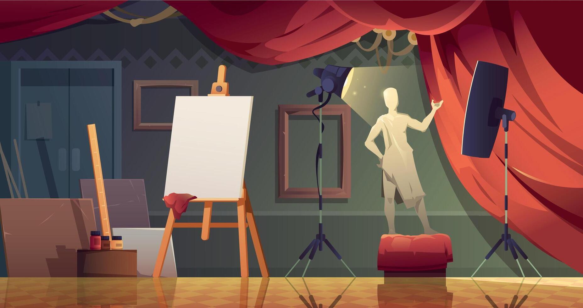 Art studio interior. Cartoon room with painting materials, workshop with tools and palette, canvas for artists. Vector illustration