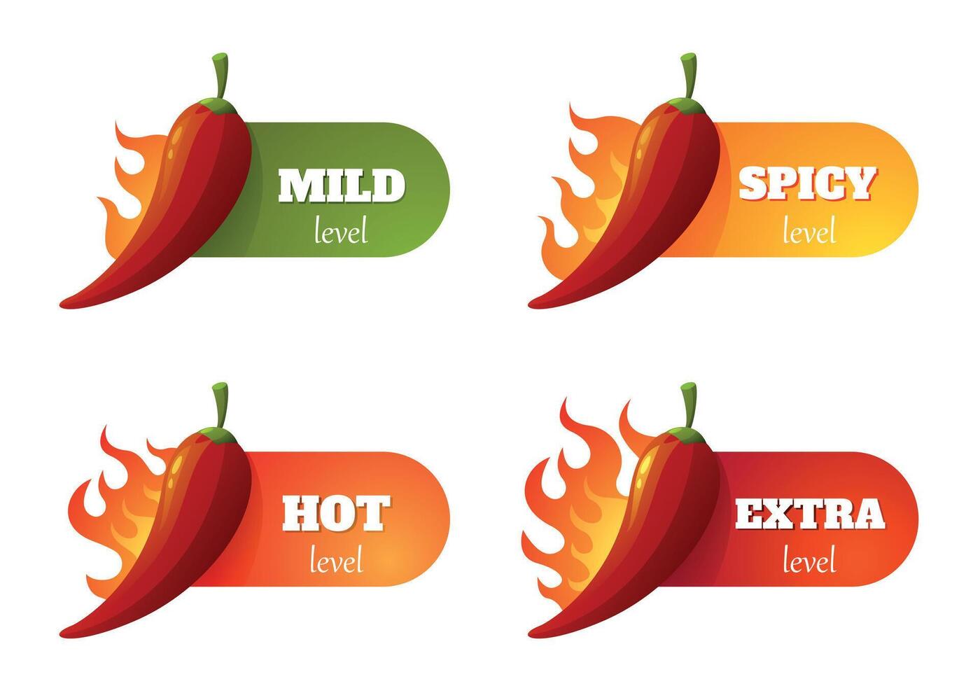 Spicy meter label. Chili pepper scale with different heat level, hot spicy food rating, cayenne pepper sauce logo. Vector isolated set