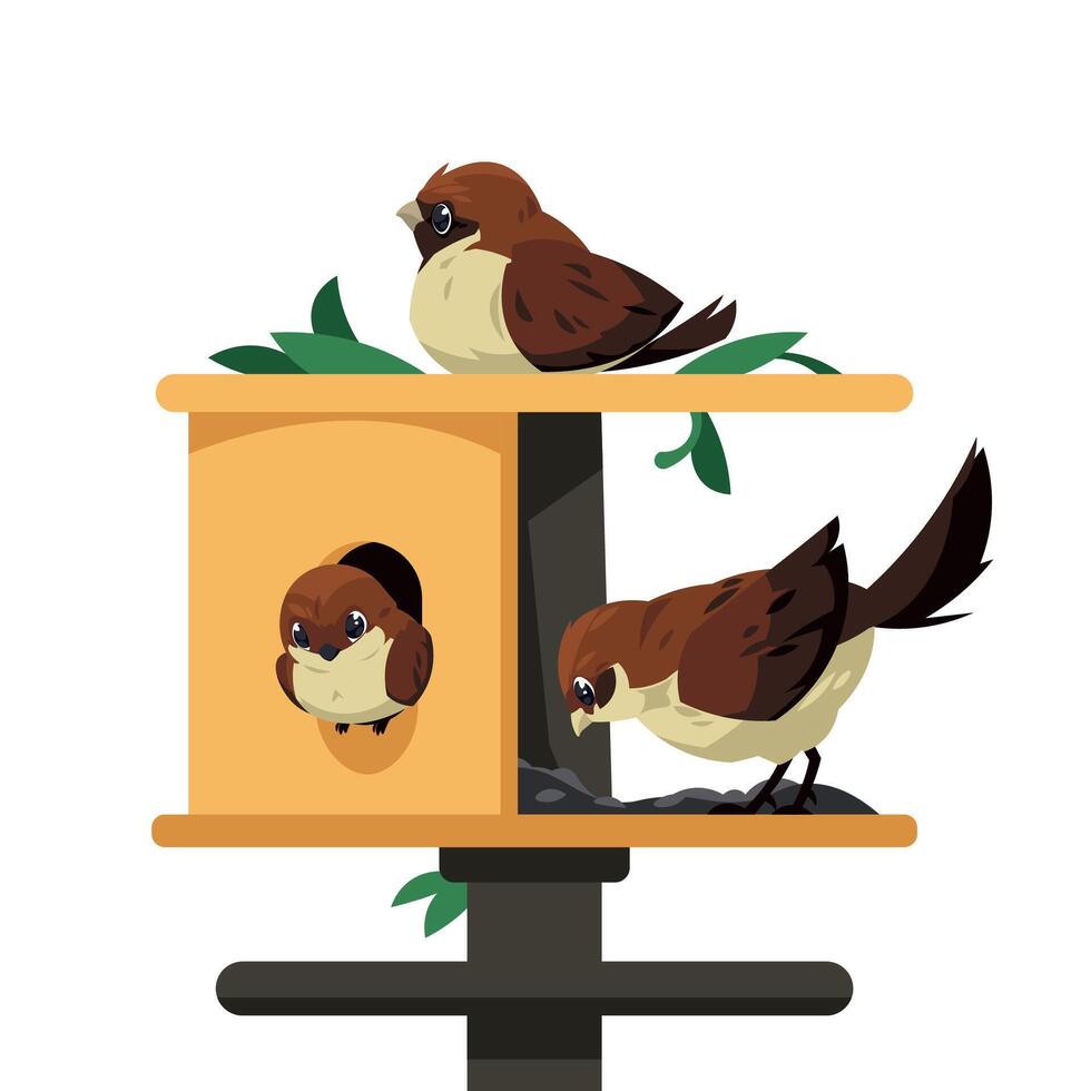 Birds in bird feeder. Cute cartoon characters feeding on seeds in wooden feeder, wildlife birds in outdoor habitat. Vector illustration