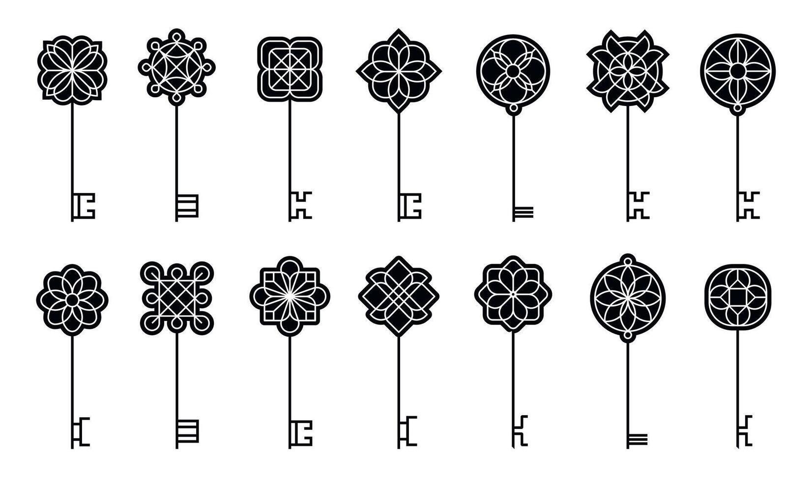 negro llaves recopilación. dibujos animados Clásico llave siluetas, Anticuado llave diferente formas y formas para logo diseño. vector aislado conjunto