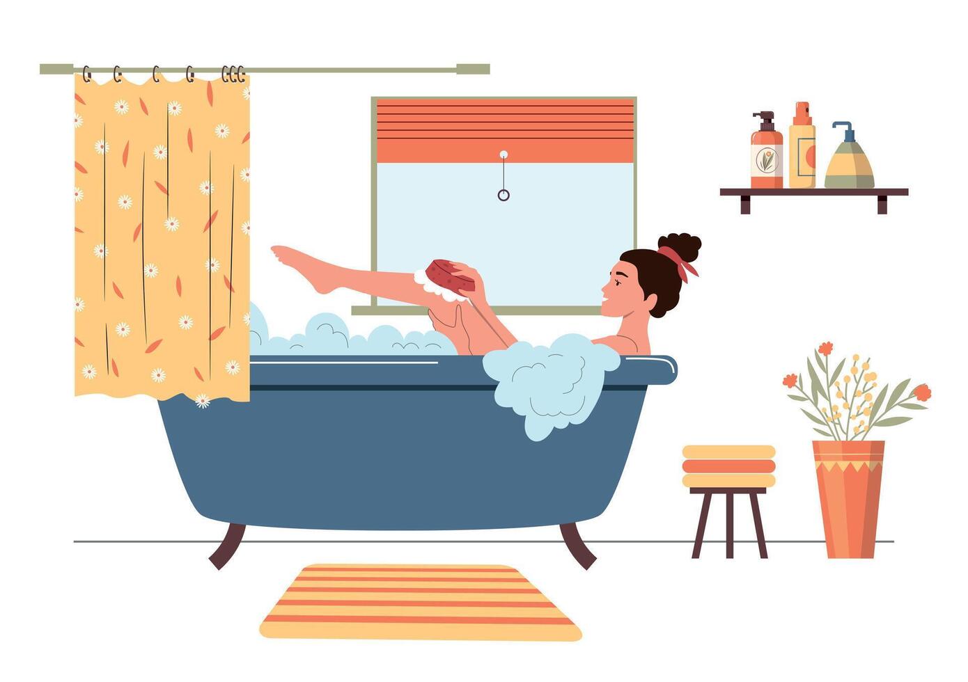 Woman in bath. Relaxed girl in bathtub with foam bubbles in bathroom interior with plants vector