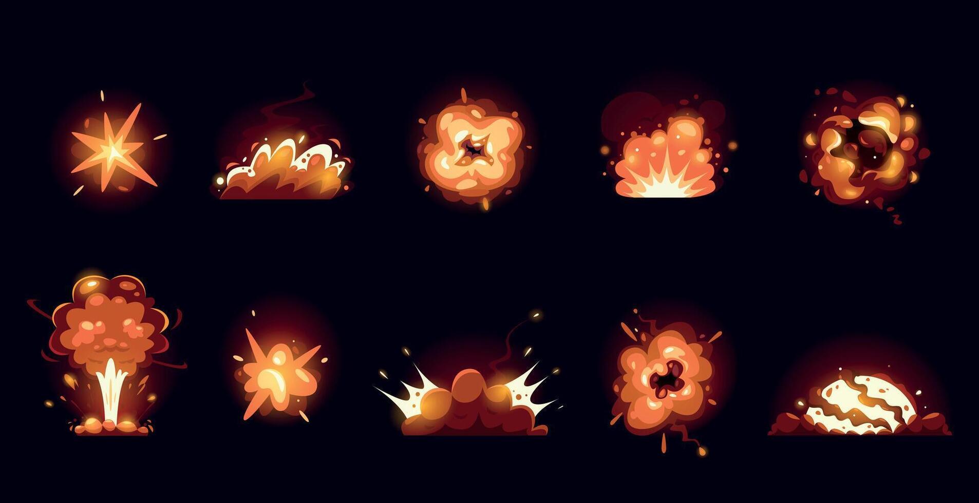 dibujos animados explosiones cómic fantasía explosión efecto con fuego y fumar, energía explosivo esfera y arma detonación, ui juego activo duende gráfico. vector aislado conjunto