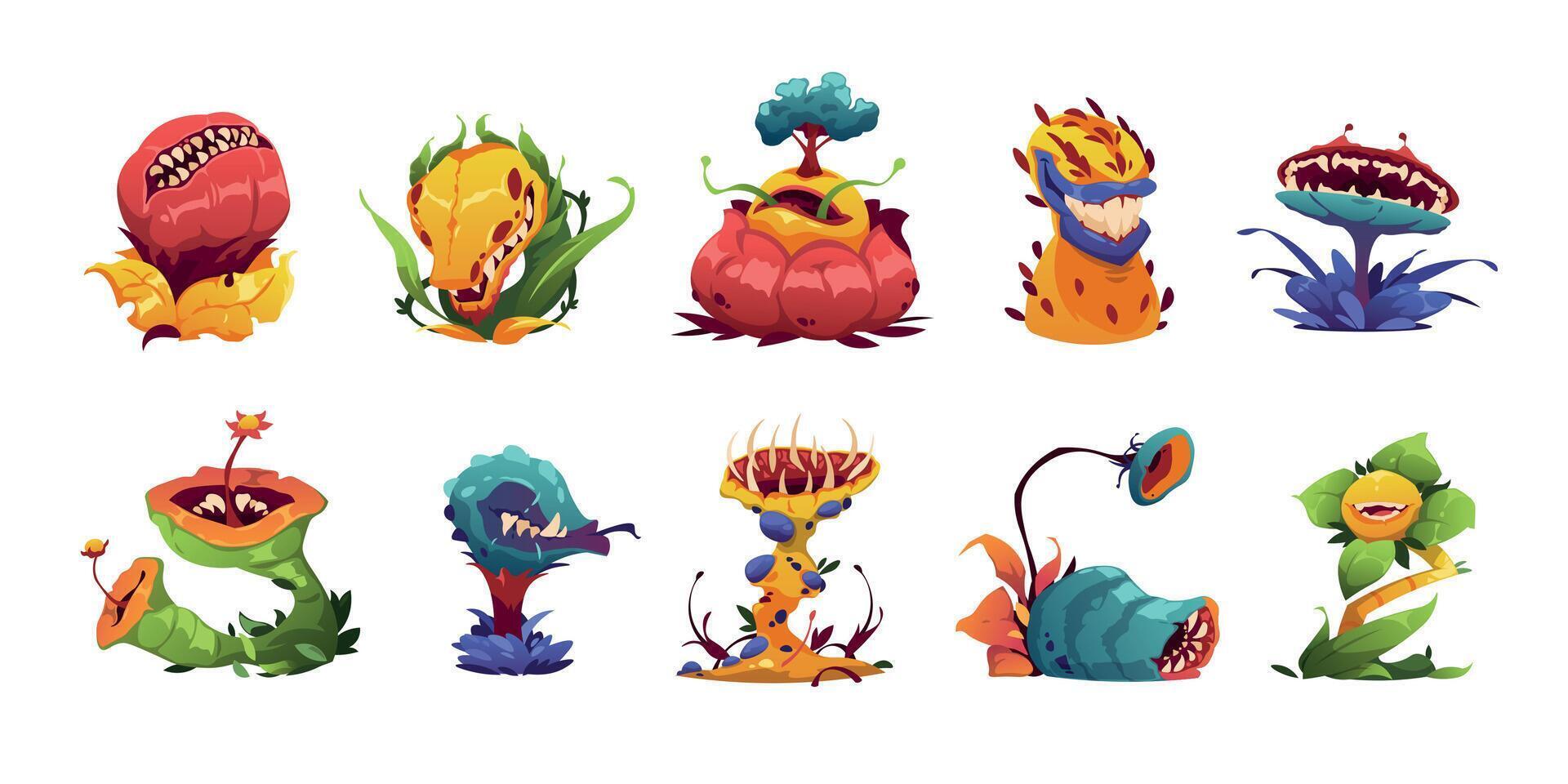 Carnivorous plant. Cartoon monster plants with teeth and tongue, toxic monster plants with canines and teeth, botanical carnivore flora. Vector set