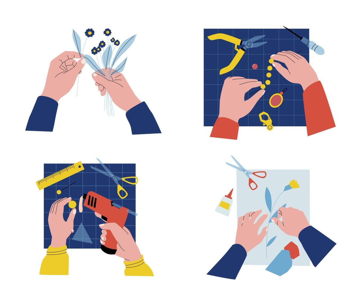 DIY handkraft. Human hands making appliques, gluing flowers, cutting paper with scissors. Handmade jewelry vector