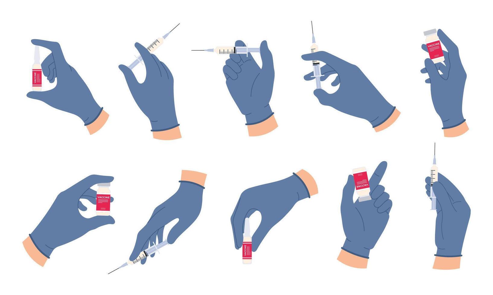 Doctor hands with vaccine. Nurse hand in medical gloves hold syringe and ampoule with medicine. Flu or covid vaccination concept vector set