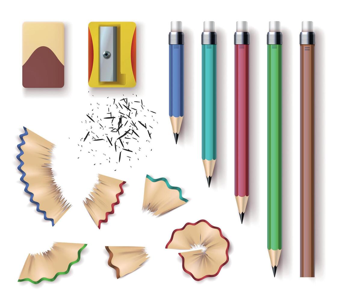 Realistic wooden graphite pencils, sharpener, eraser and shavings. Sharpened pencil sizes, writing and drawing tools. Stationery vector set