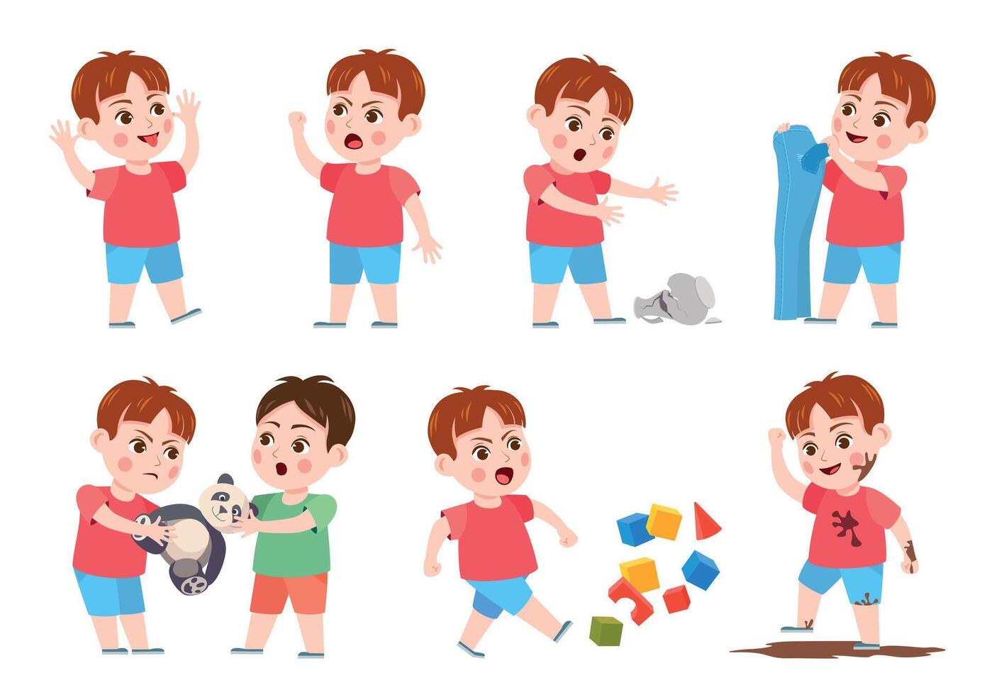 Kids bad behavior. Bully making mess, scream, angry, rips clothes and break vase. Naughty boy fighting over a toy. Problem child vector set