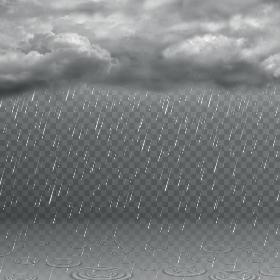 Realistic rain cloud. Dark stormy sky, falling water drops, clouds and ripples in puddles. Rainy weather effect isolated vector background
