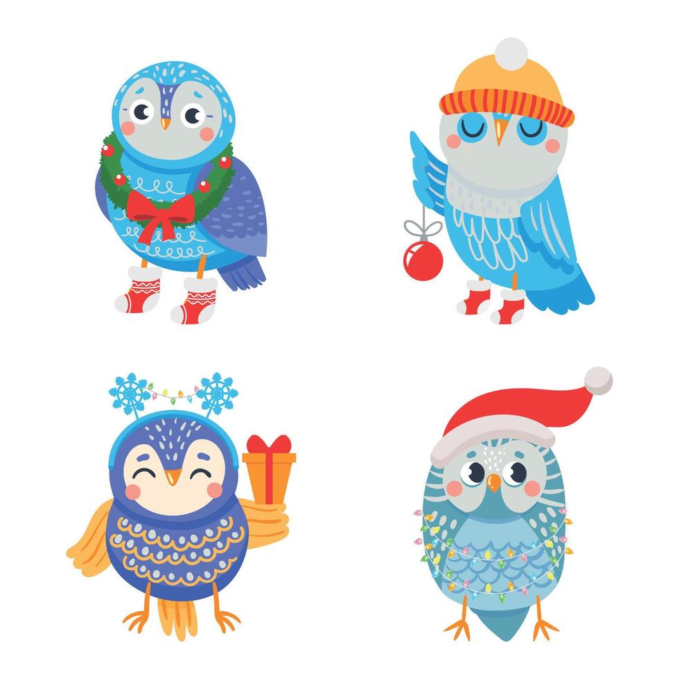 Winter owl. Funny cartoon birds with christmas attributes. Animals in xmas wreath, holiday socks holding tree ball, gift box. Cheerful characters wearing santa hat vector isolated set