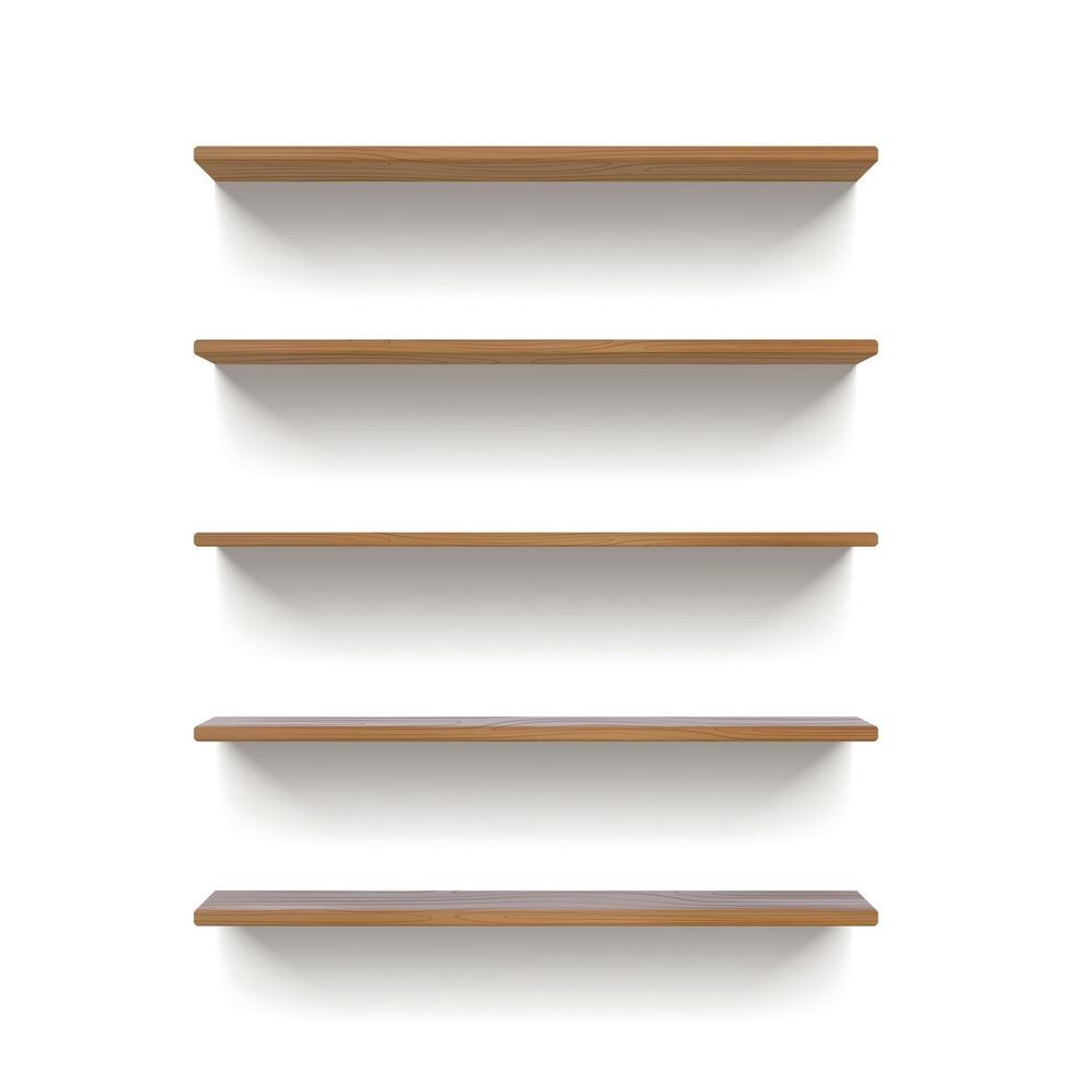 Realistic 3d empty wooden wall shelves for book display. Bookshelf mockup with wood texture. Grocery market racks front view vector template