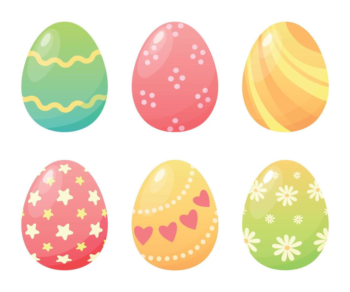 Cartoon colorful easter painted eggs. Spring religious holiday celebration elements. Happy Easter day, eggs hunting game vector