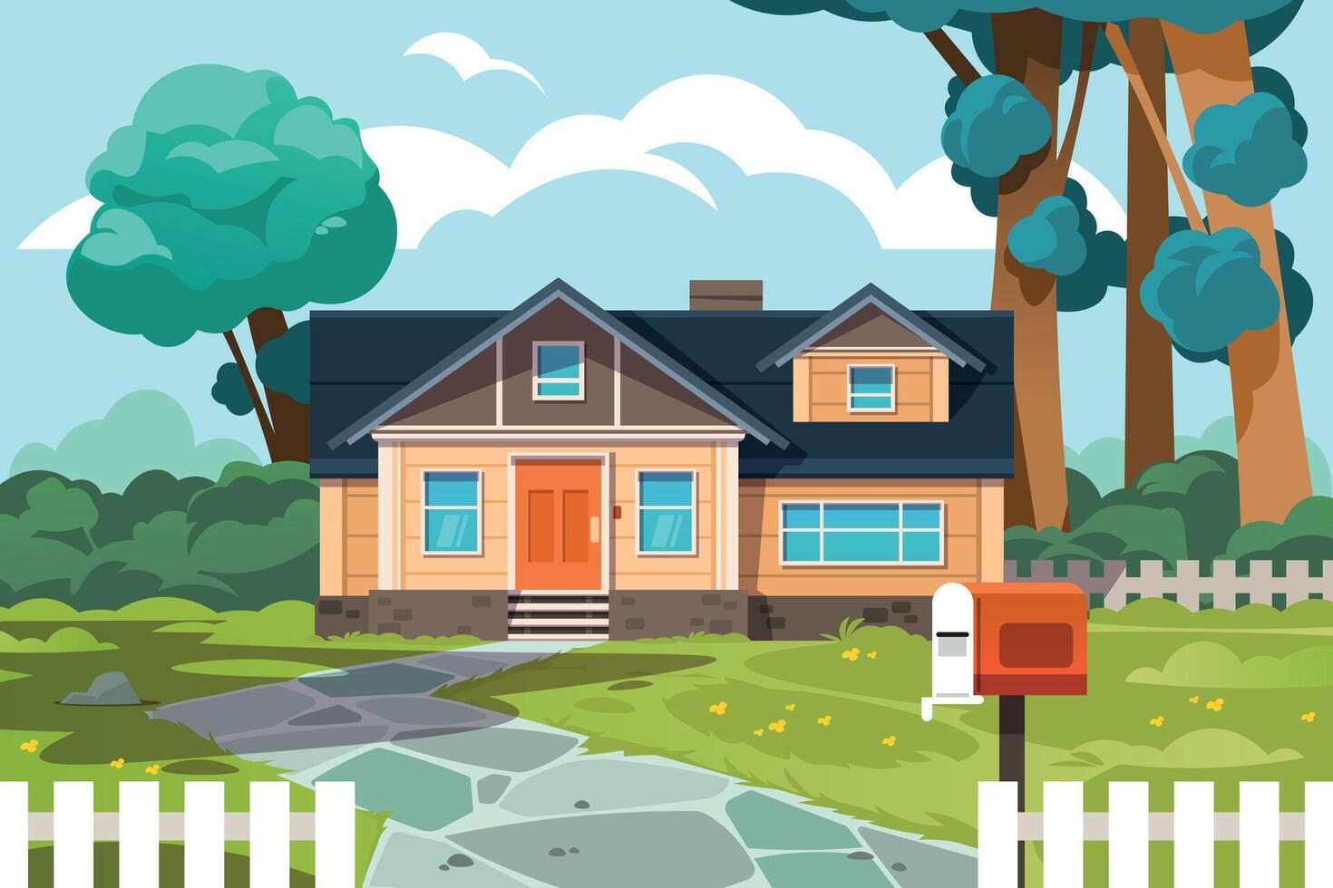 Suburban cottage. Cartoon country house exterior, neighborhood home with yard and lawn, countryside building. Vector home front side illustration