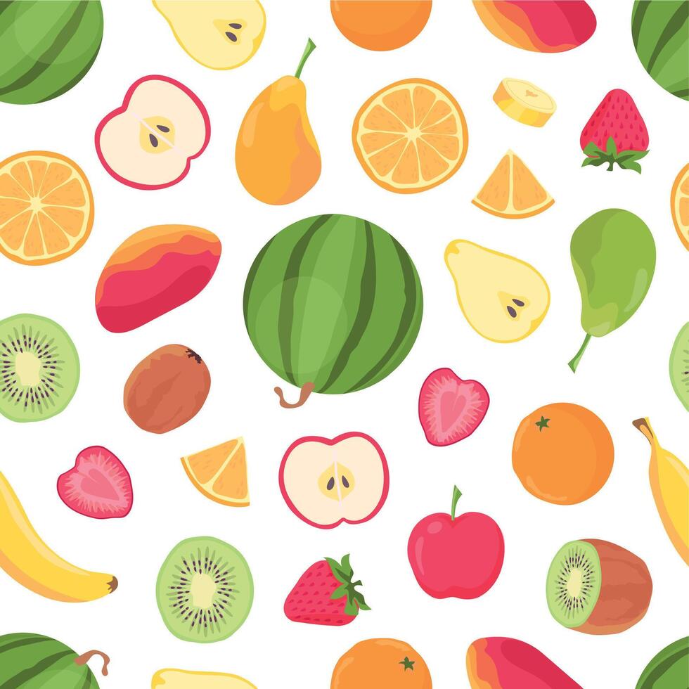 frutas sin costura modelo. tropical agrios Fruta y baya, banana, naranja, sandía, mango y fresa. verano trópico comida vector impresión