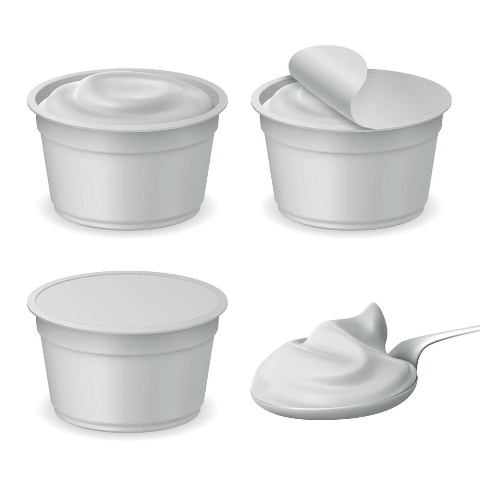 realista cerrado y abierto embalaje taza y cuchara con yogur. queso, agrio o hielo crema el plastico paquete Bosquejo. 3d lechería producto vector conjunto