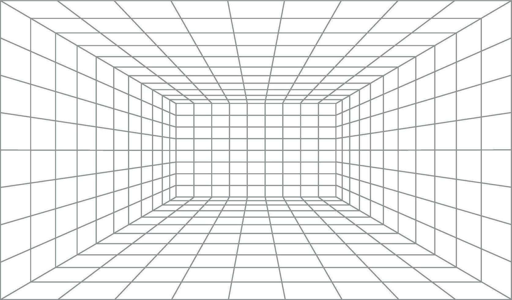 3d perspective line grid, wireframe room background. Futuristic cyber box room. Cyber, virtual surface vector