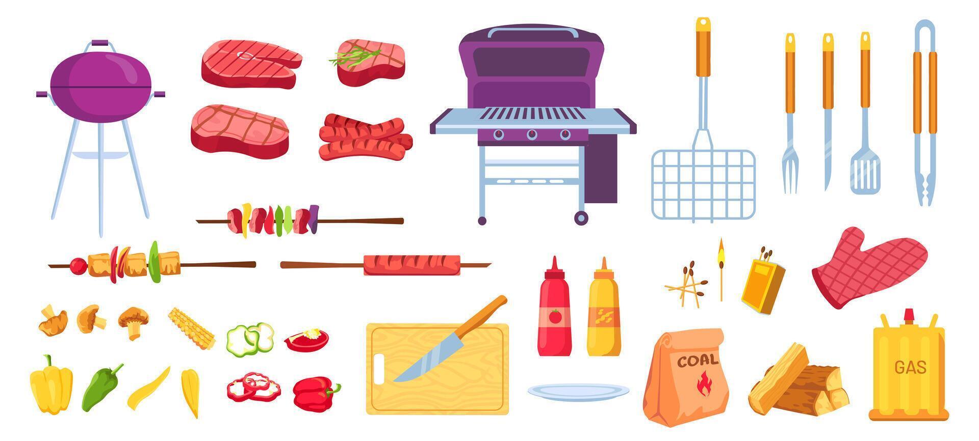 Cartoon grill and barbecue. Grilled food meat, sausages and vegetables. Cooking tools, grid, knife and skewer. Bbq picnic party vector set
