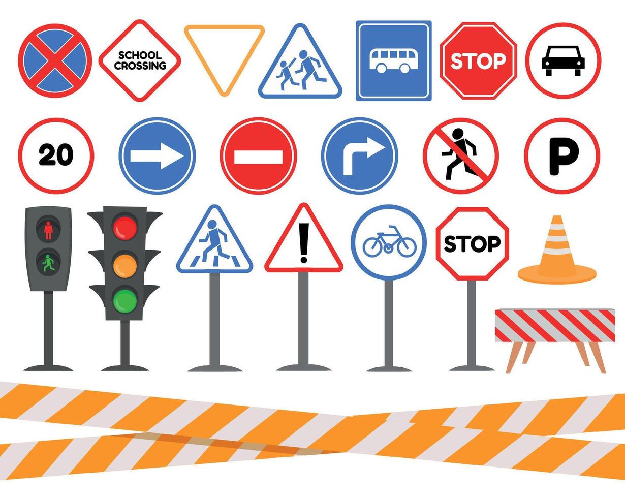 Cartoon traffic light and road signs for kids safety. Caution and warning signals for cars and pedestrians. Traffic rules element vector set