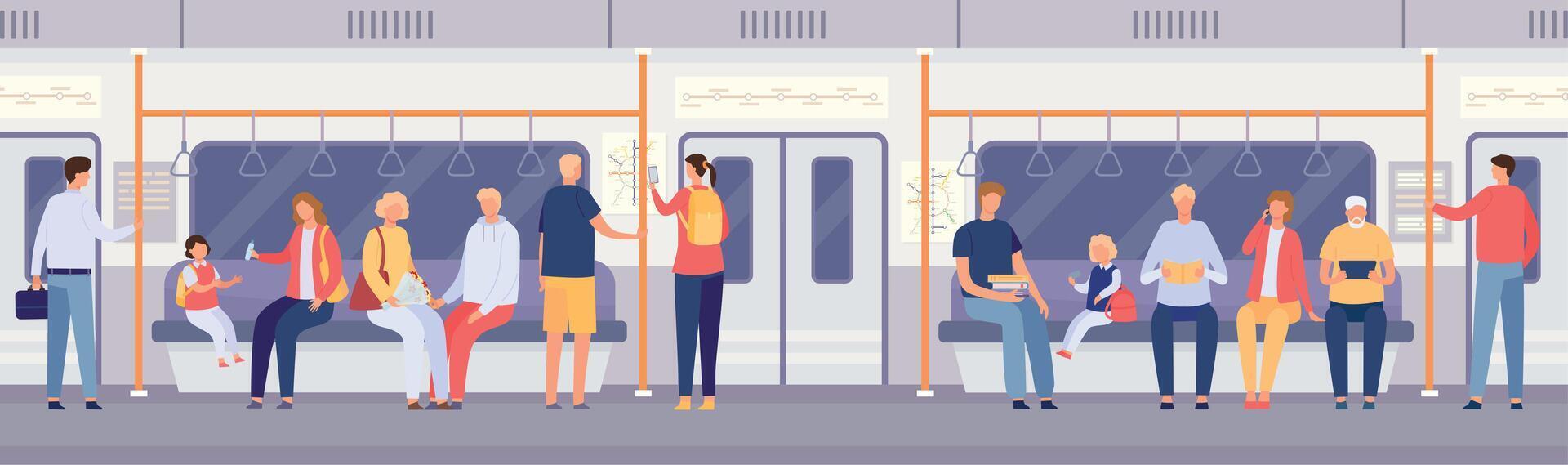 pasajero multitud dentro subterraneo tren o ciudad autobús. dibujos animados personas en pie y sentado en público transporte. viaje por metro coche vector concepto