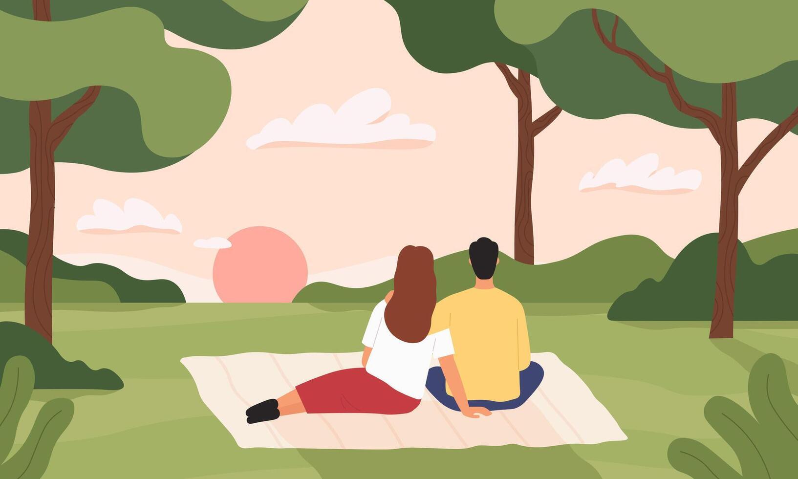 Couple in forest. Man and woman hugging and looking at sunset in park. Romantic picnic in summer forest landscape. Love date vector concept