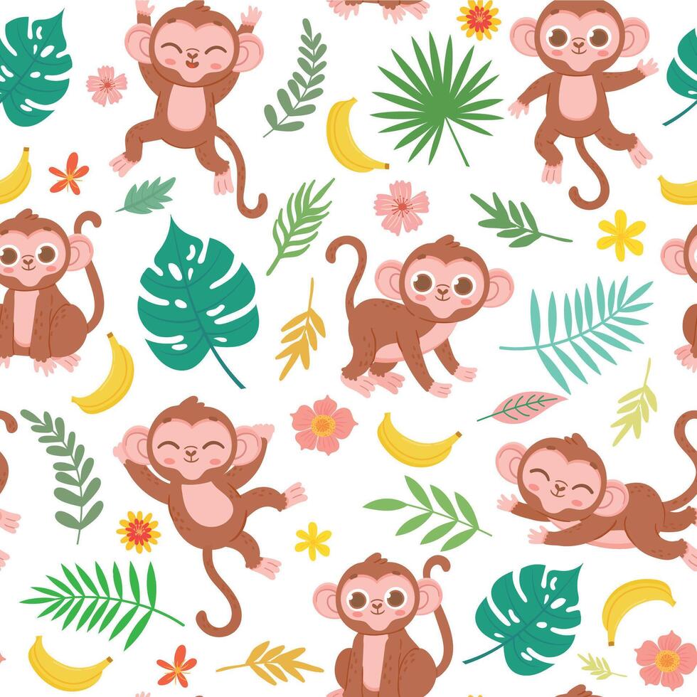 sin costura modelo con bebé mono, plátano y tropical hojas. dibujos animados infantil selva animal impresión para tela. linda monos vector textura