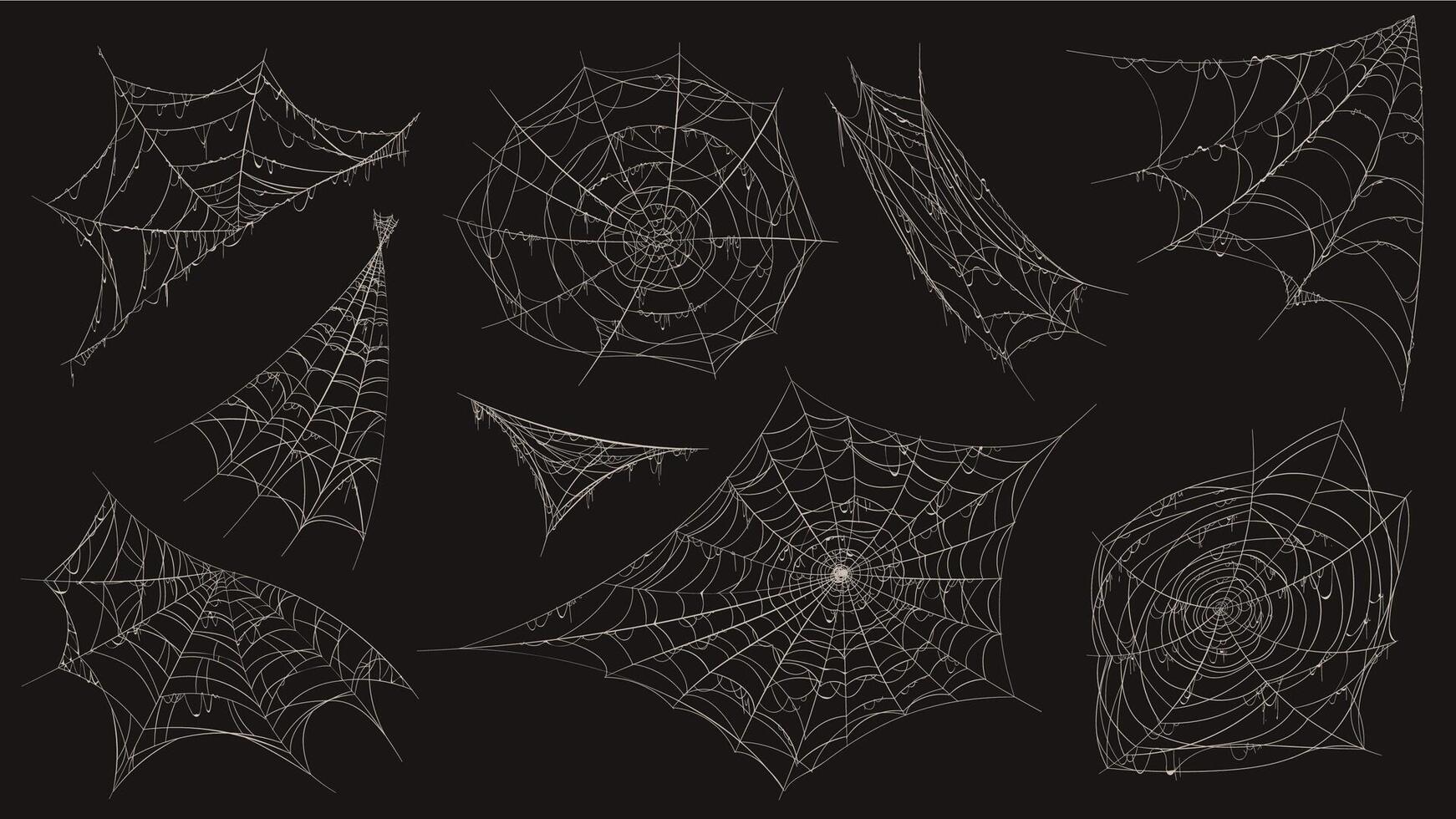 Spider web. Halloween cobweb spooky decoration. Corner with old dusty spiderweb hanging. Creepy decor spiders white sticky trap vector set
