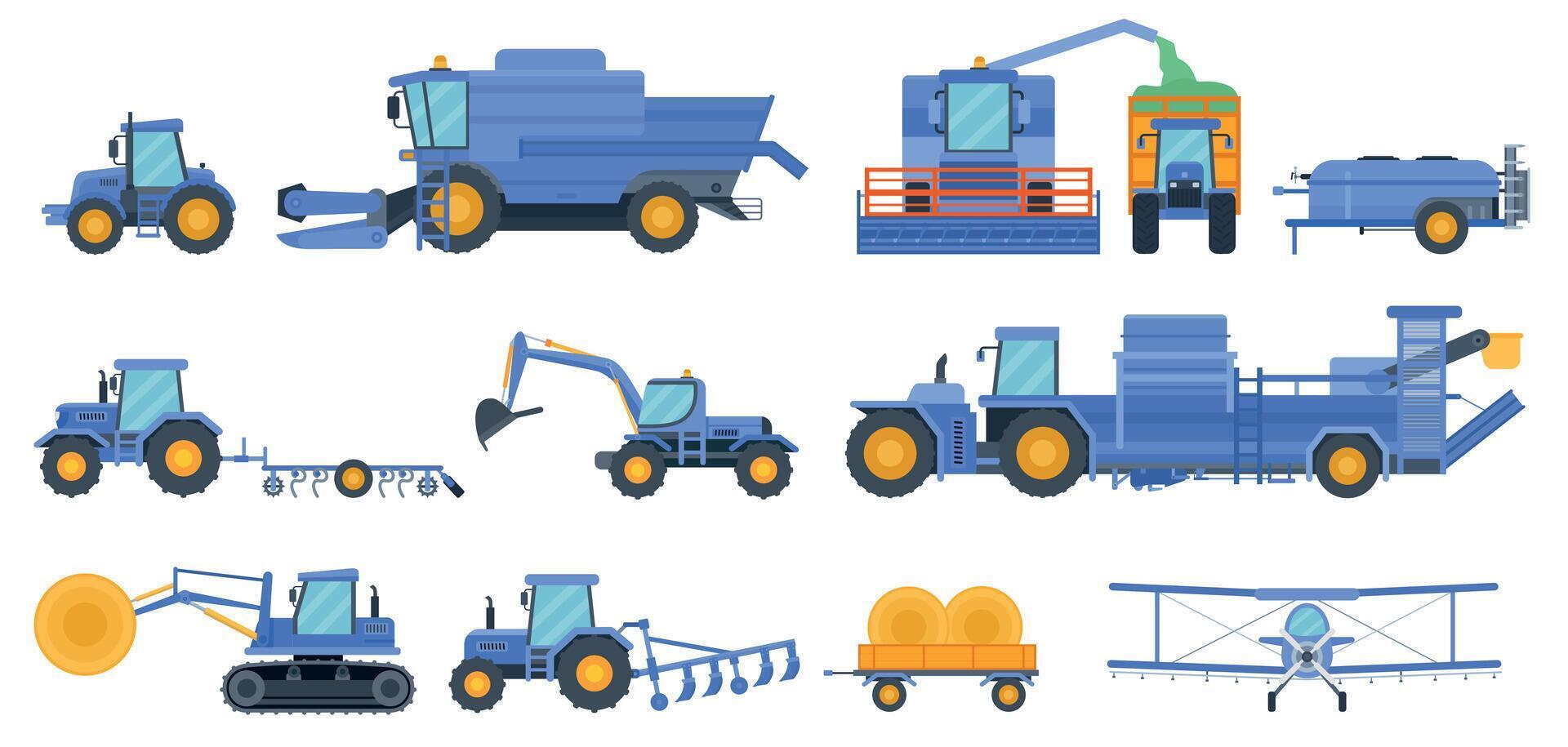 Flat agricultural machinery, farm combine, harvester and tractor. Crop duster, hay cutting machine and field cultivation vehicle vector set