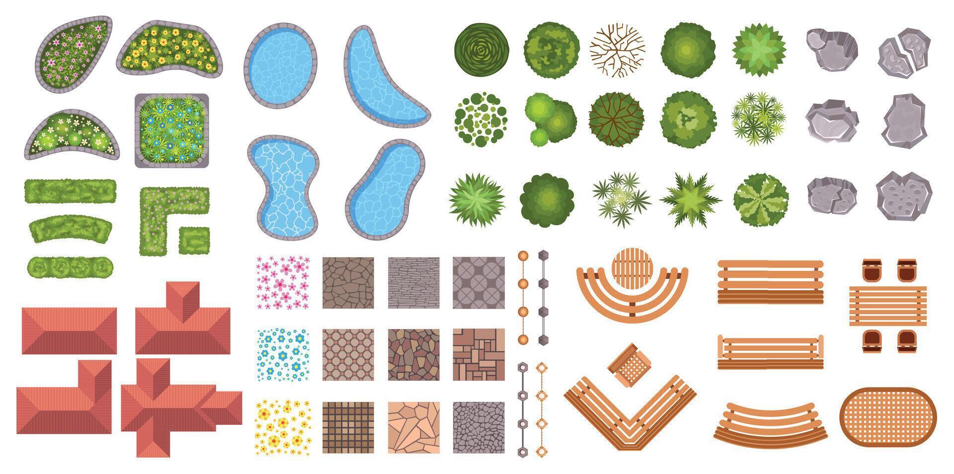 Garden landscape design elements aerial top view. Bush fence, flowers, ponds, houses and sidewalk icons. Park plan map from above vector set
