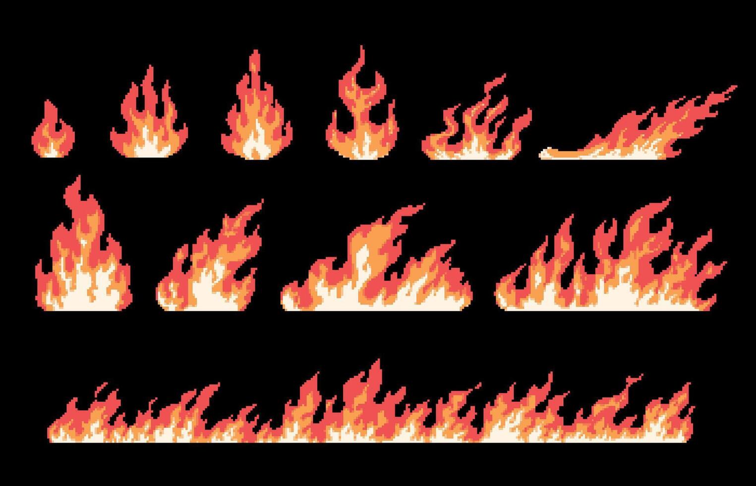 Pixel art fire and flame, burning effect for 8 bit games. Background bonfire border. Retro arcade game fire energy attack icons vector set