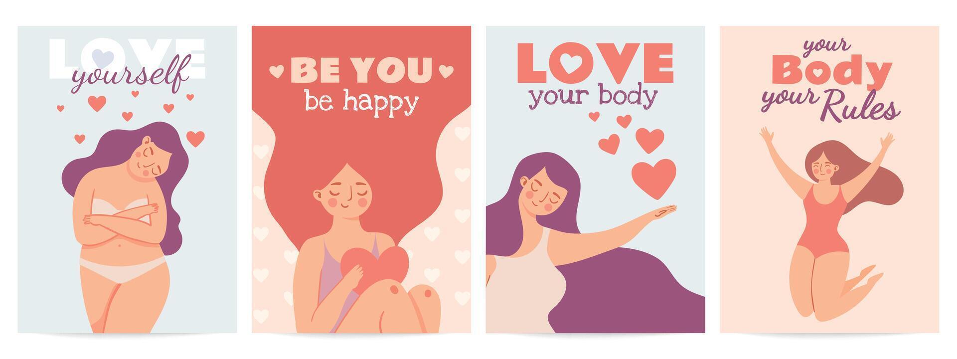 Body positive posters. Love yourself prints with happy woman with self esteem, heart and motivation quote. Women or valentine day vector set