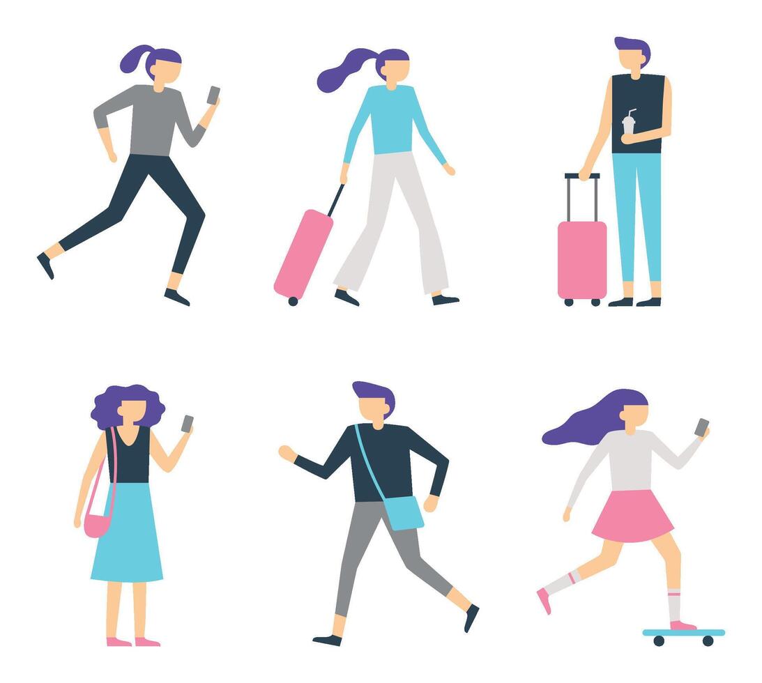 Walking people. Female and male characters lifestyle, girl running and using smartphone, skateboarding vector
