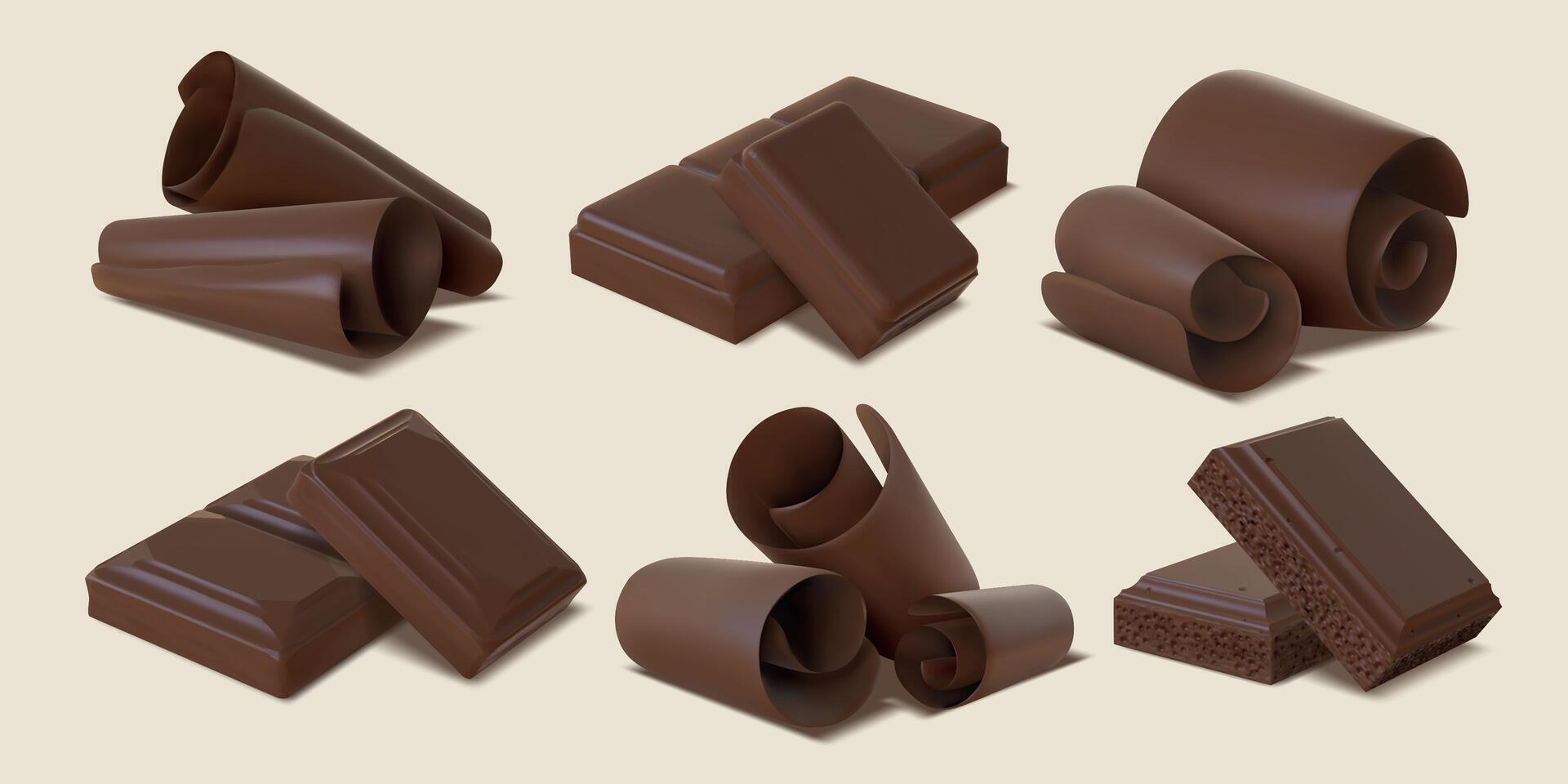 realista oscuro chocolate virutas, copos, chinos y bar piezas. 3d dulce cacao caramelo espirales amargo o Leche chocolate rebanadas vector conjunto