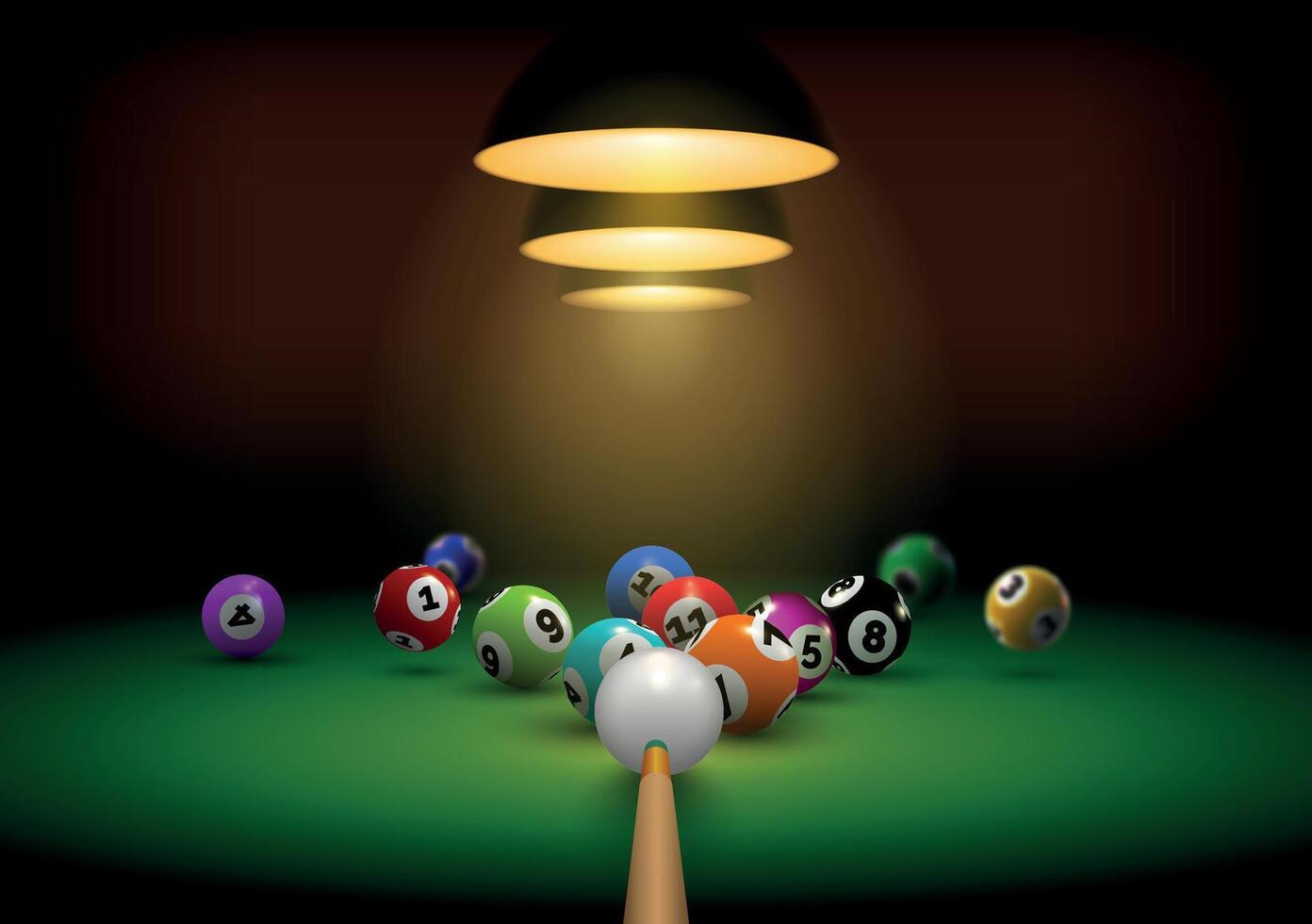 Billiard background with realistic cue hit gaming balls. Billiard room with green table and lights. Snooker or pool sport play vector banner