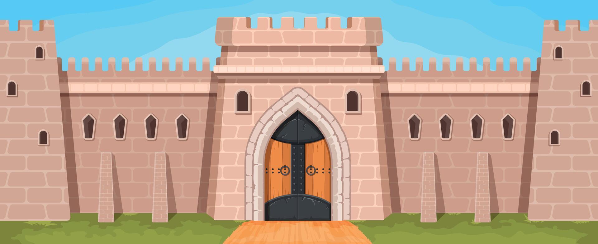 Cartoon medieval kingdom stone wall with gates and towers. Castle or town fortress with arched door. Fantasy dungeon brick wall vector scene