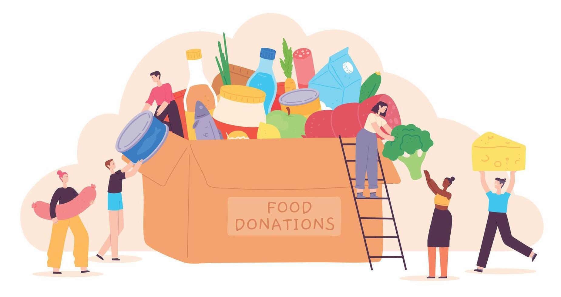 People donate food. Tiny characters put grocery product in charity box. Volunteer community help for poor. Holiday food drive vector concept