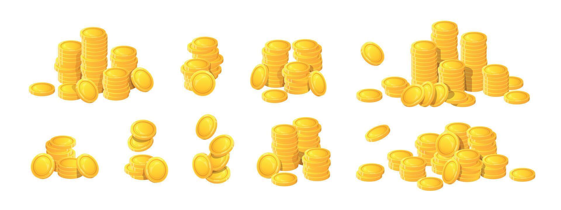 Golden coins stacks. Cartoon interface elements for online web casino and mobile application, reward game art. Vector isolated set